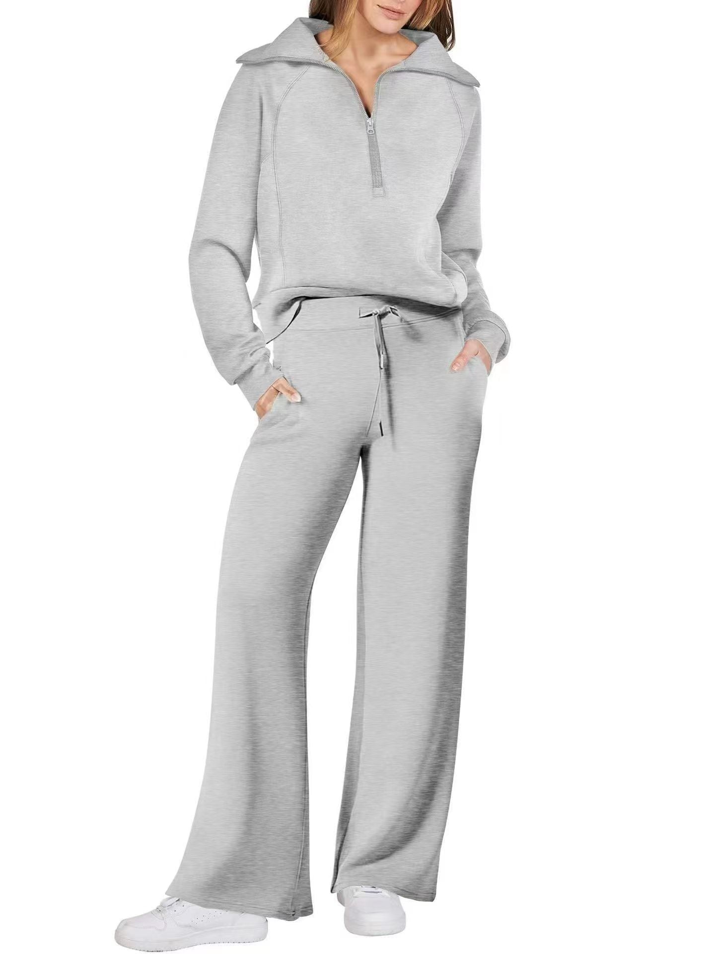 Half Zip Sweatshirt Wide Leg Track Pants Casual Suit Women