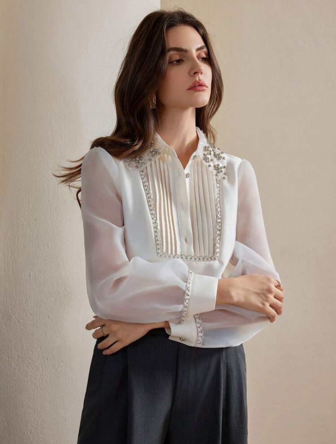 AQ Elegant Diamante Striped Decor Long Sleeve Blouse