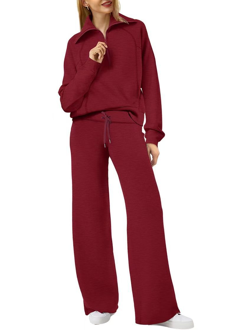 Half Zip Sweatshirt Wide Leg Track Pants Casual Suit Women