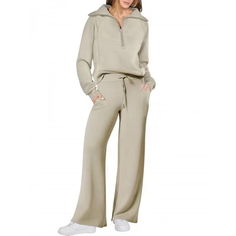 Half Zip Sweatshirt Wide Leg Track Pants Casual Suit Women