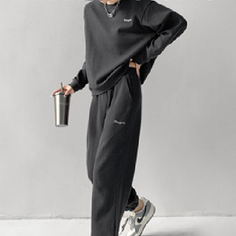 Waffle Casual Long Sleeve Crew Neck Sweater Slimming Track Pants Sports Suit