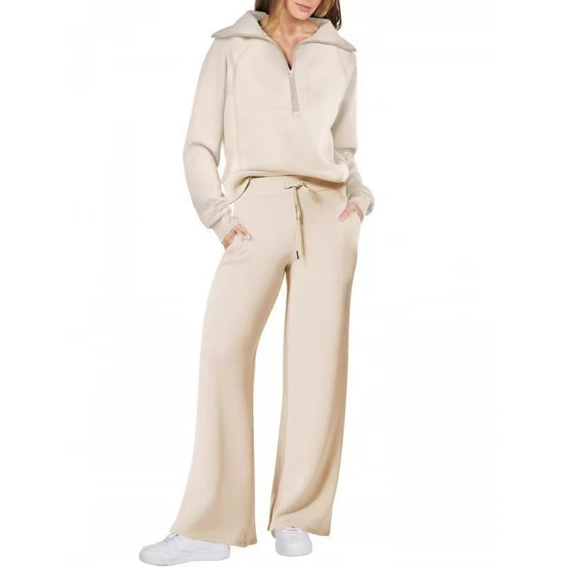 Half Zip Sweatshirt Wide Leg Track Pants Casual Suit Women