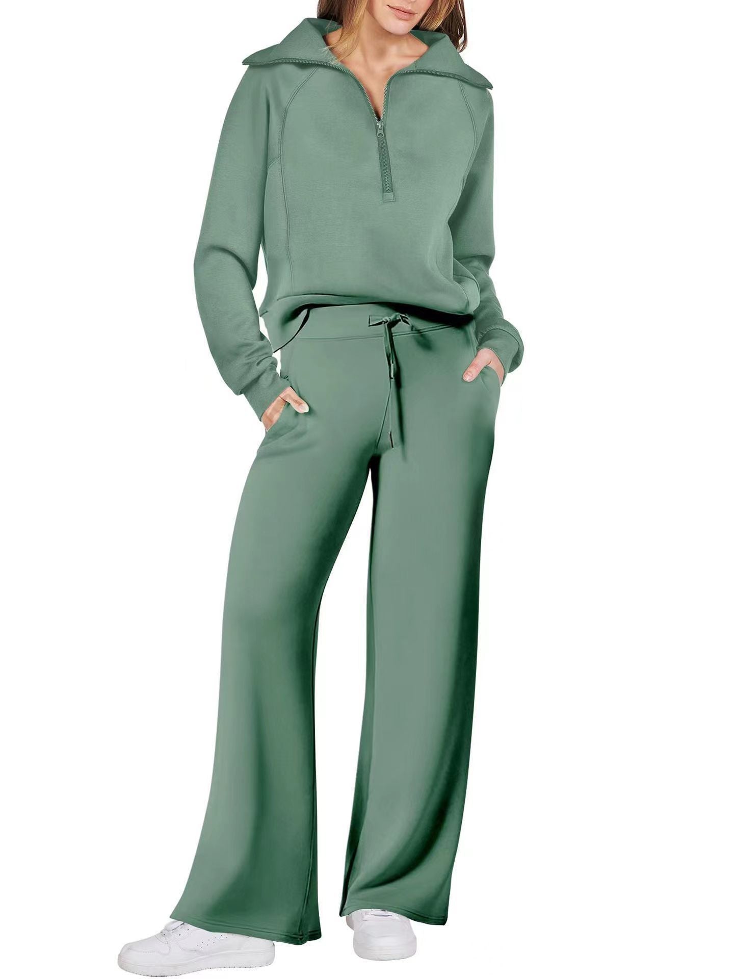 Half Zip Sweatshirt Wide Leg Track Pants Casual Suit Women