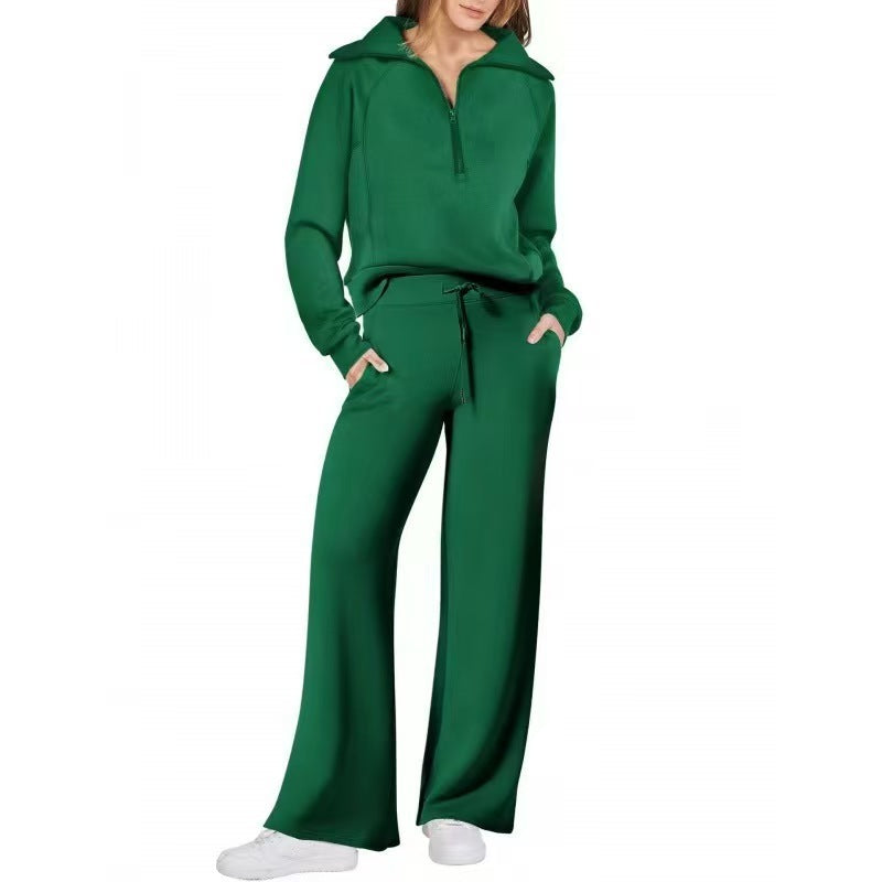 Half Zip Sweatshirt Wide Leg Track Pants Casual Suit Women