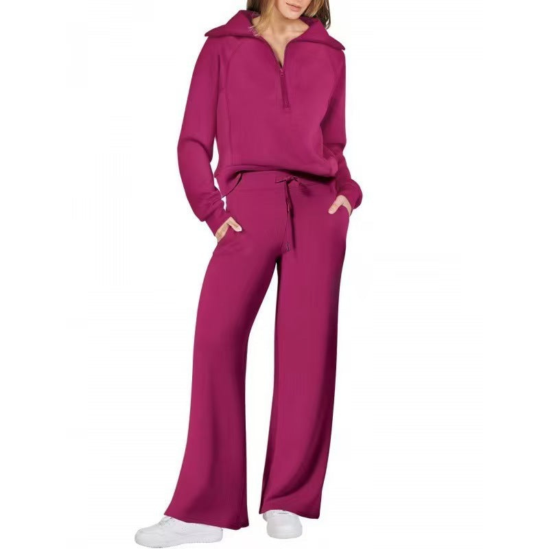 Half Zip Sweatshirt Wide Leg Track Pants Casual Suit Women