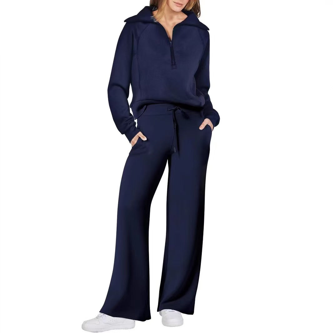 Half Zip Sweatshirt Wide Leg Track Pants Casual Suit Women