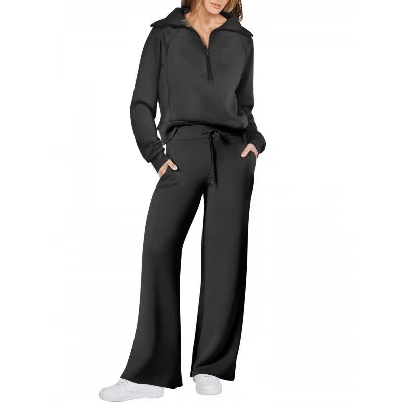 Half Zip Sweatshirt Wide Leg Track Pants Casual Suit Women