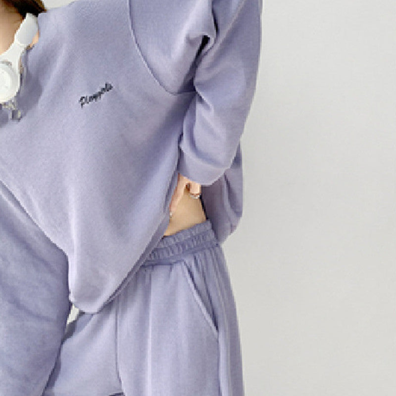 Waffle Casual Long Sleeve Crew Neck Sweater Slimming Track Pants Sports Suit