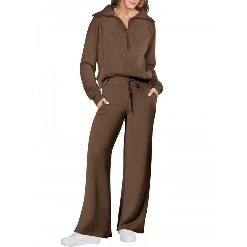 Half Zip Sweatshirt Wide Leg Track Pants Casual Suit Women