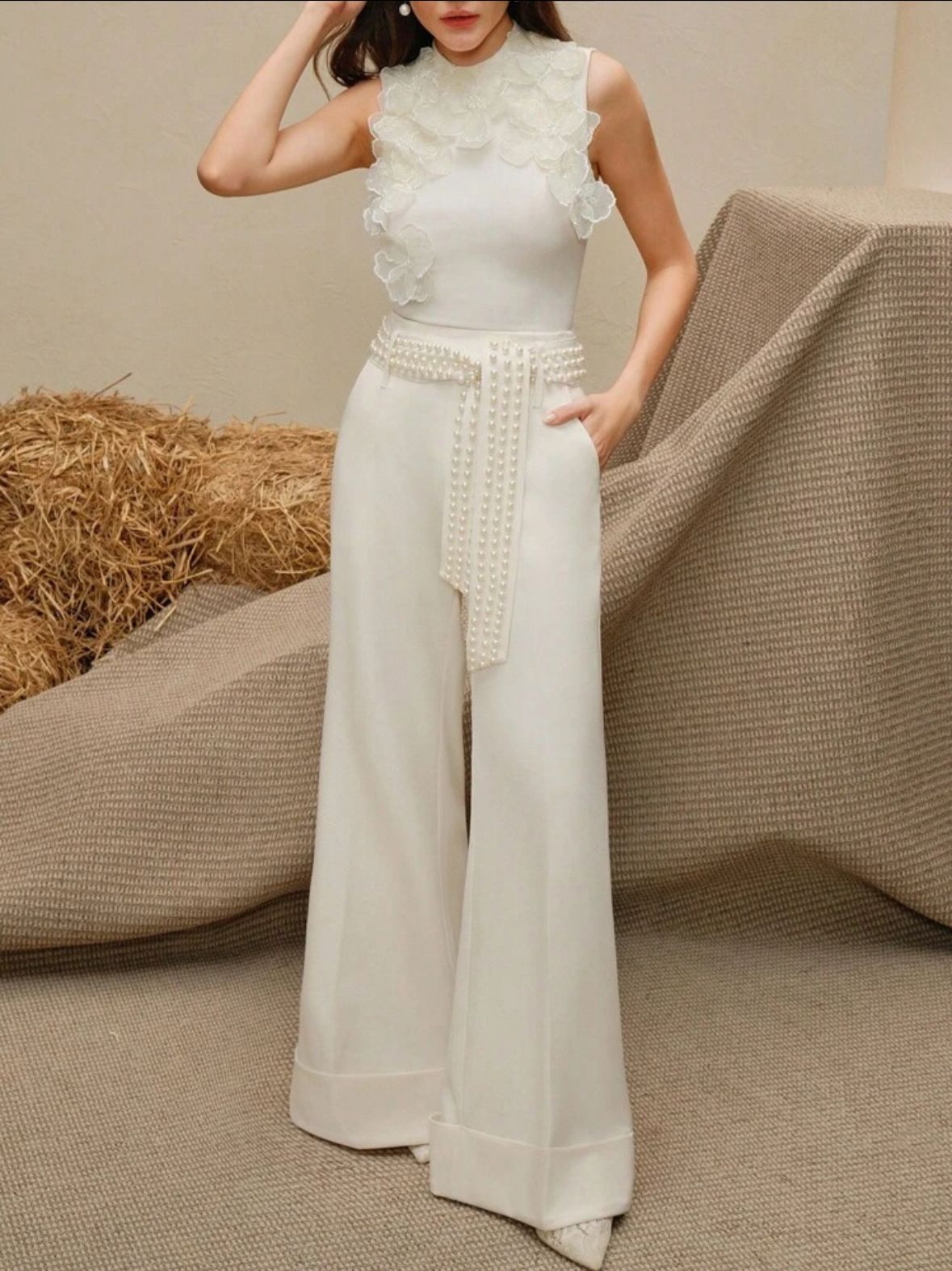Women's Fashion Loose Waist Beaded Decor Elegant Wide Leg Pants