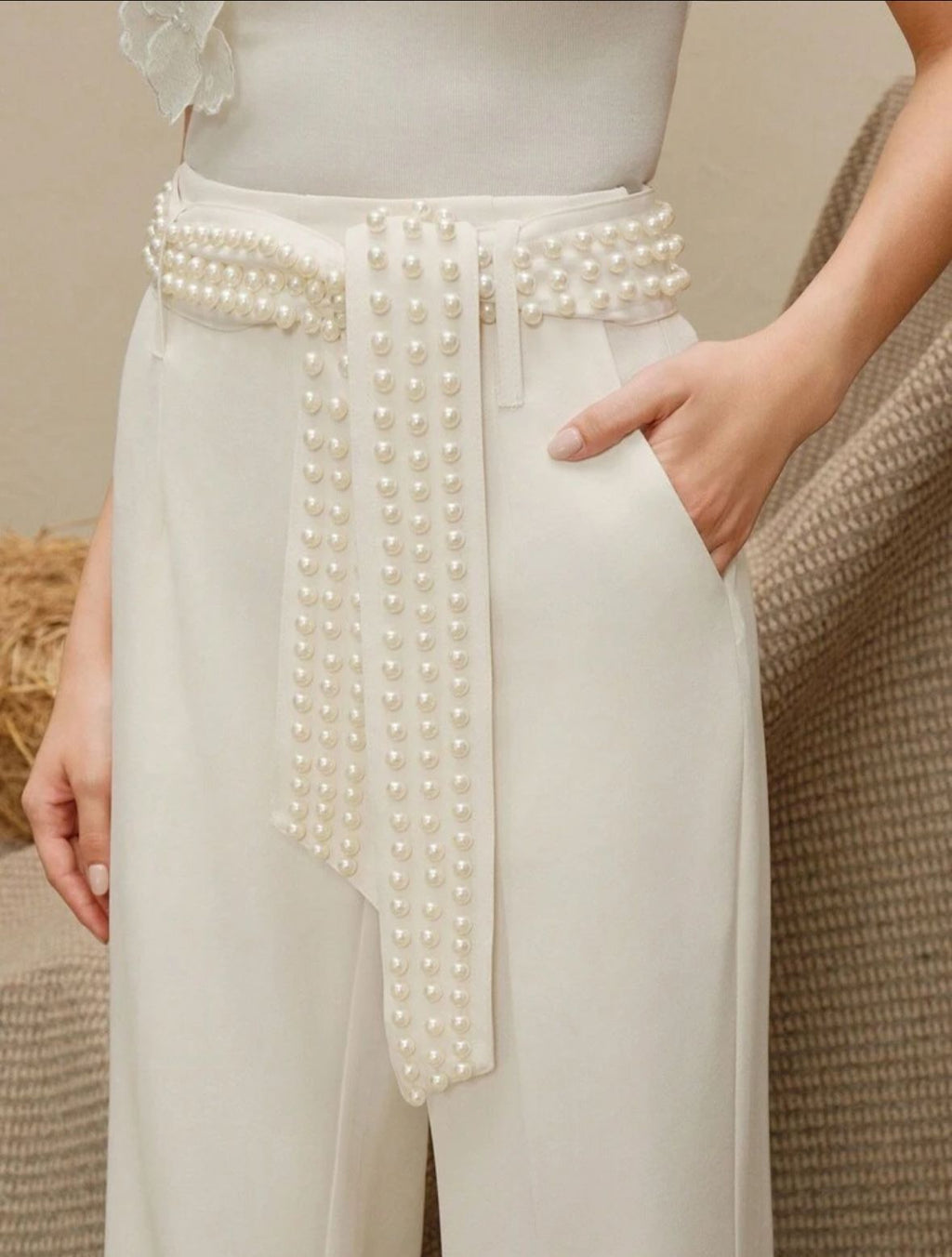 Women's Fashion Loose Waist Beaded Decor Elegant Wide Leg Pants