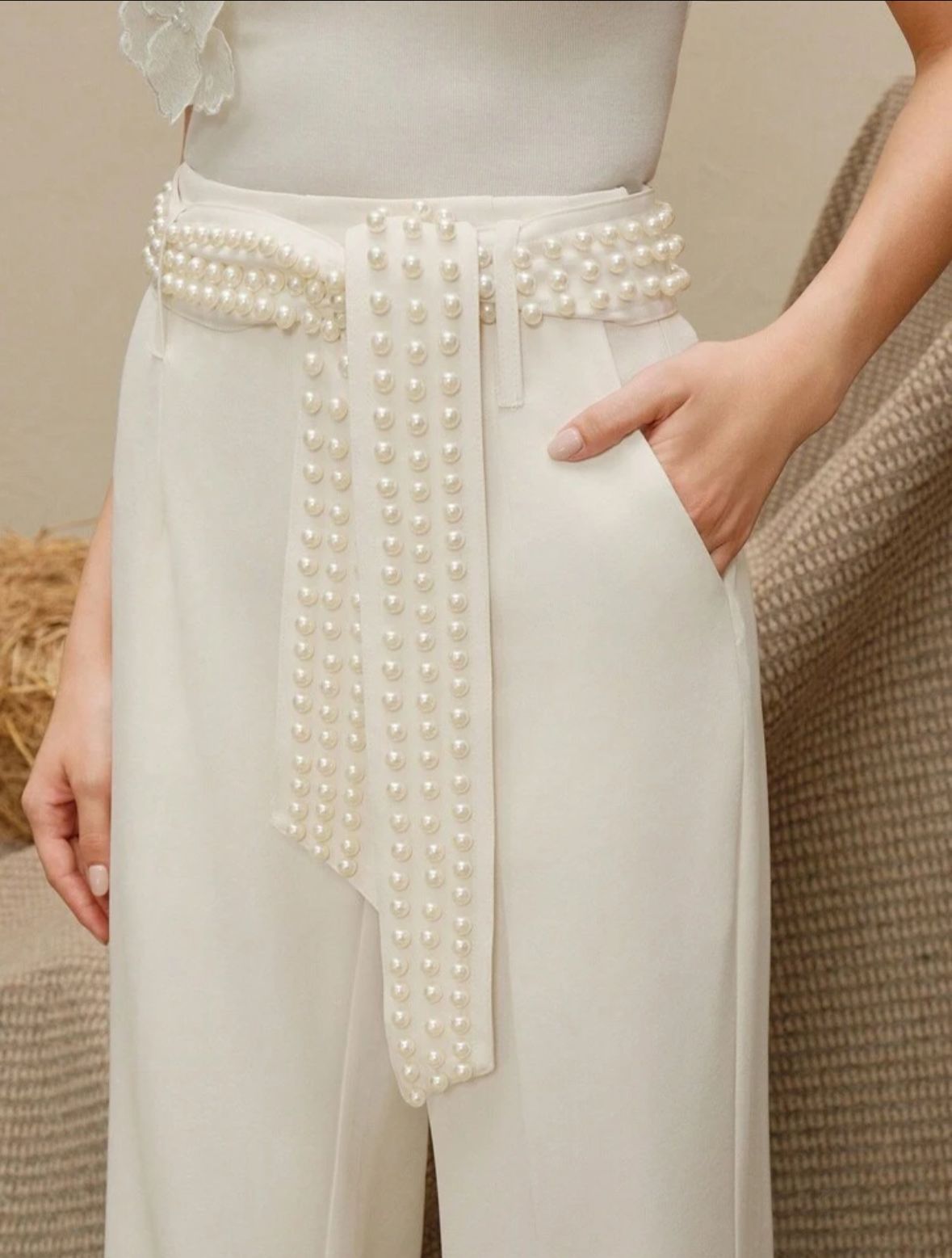 Women's Fashion Loose Waist Beaded Decor Elegant Wide Leg Pants