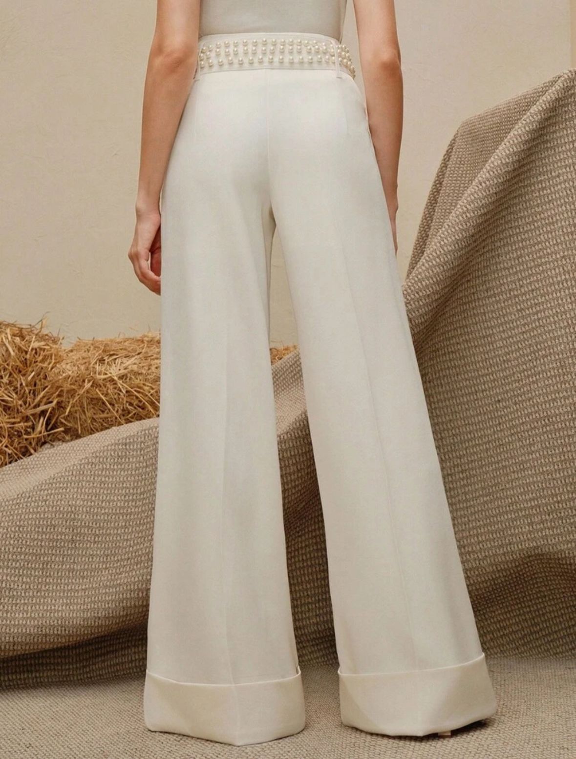 Women's Fashion Loose Waist Beaded Decor Elegant Wide Leg Pants