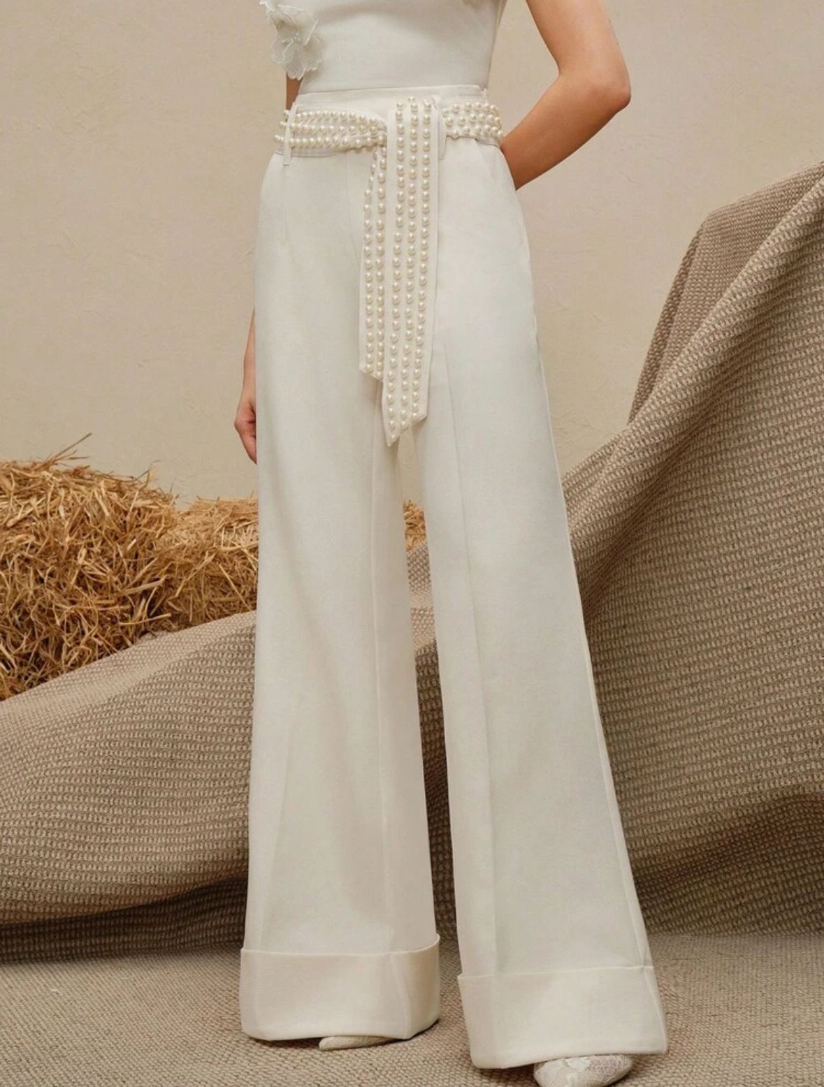 Women's Fashion Loose Waist Beaded Decor Elegant Wide Leg Pants