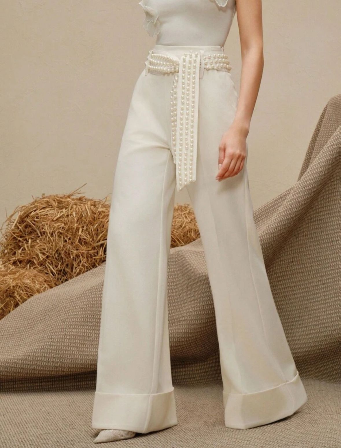 Women's Fashion Loose Waist Beaded Decor Elegant Wide Leg Pants