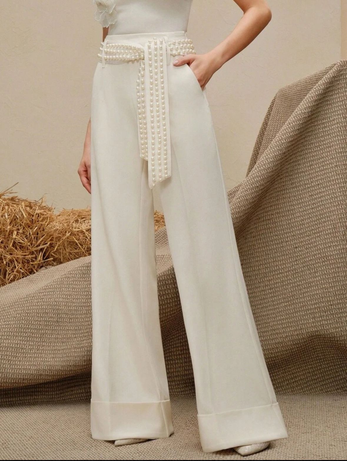 Women's Fashion Loose Waist Beaded Decor Elegant Wide Leg Pants