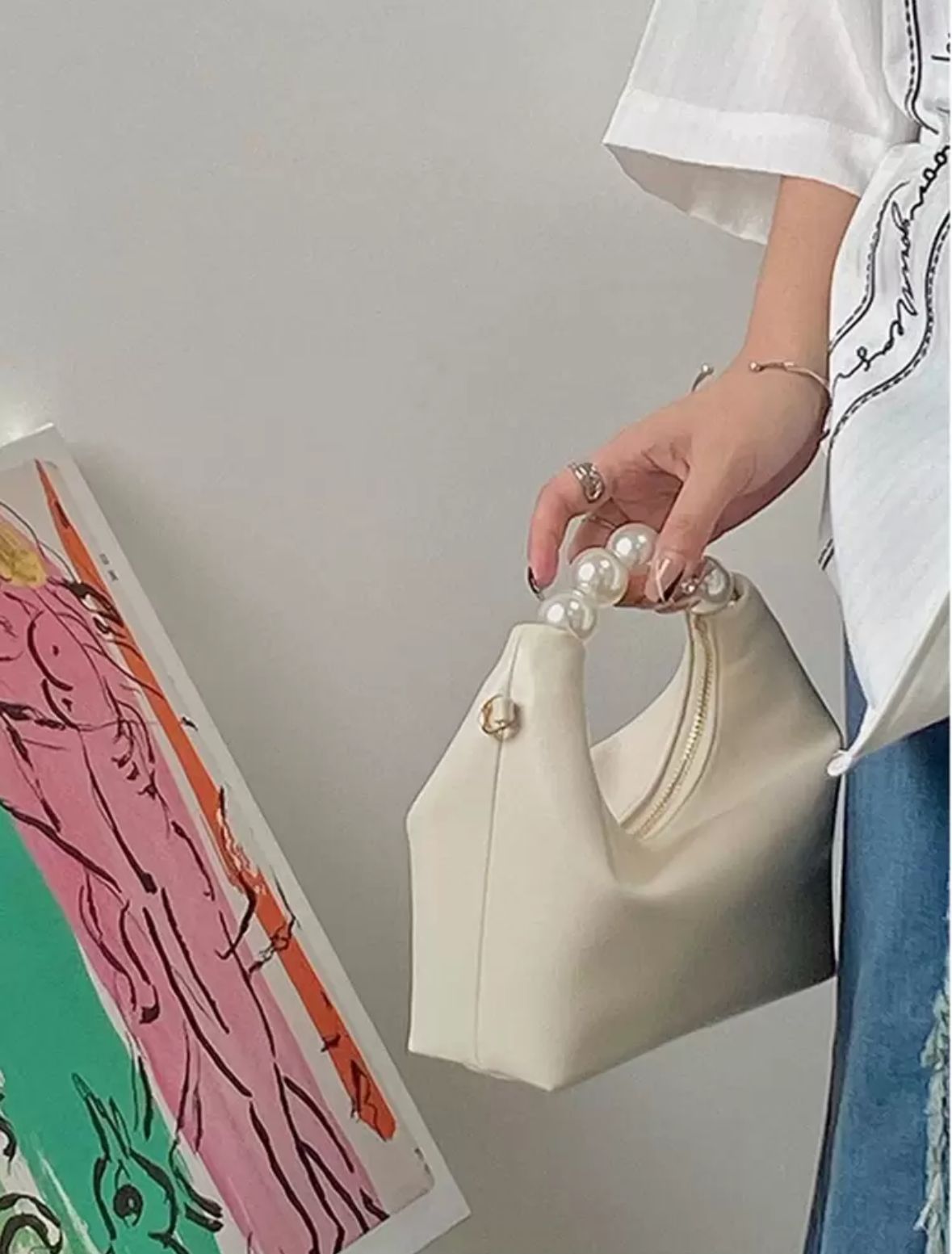 Minimalist Casual Mini Satchel Bag with Faux Pearl Decor