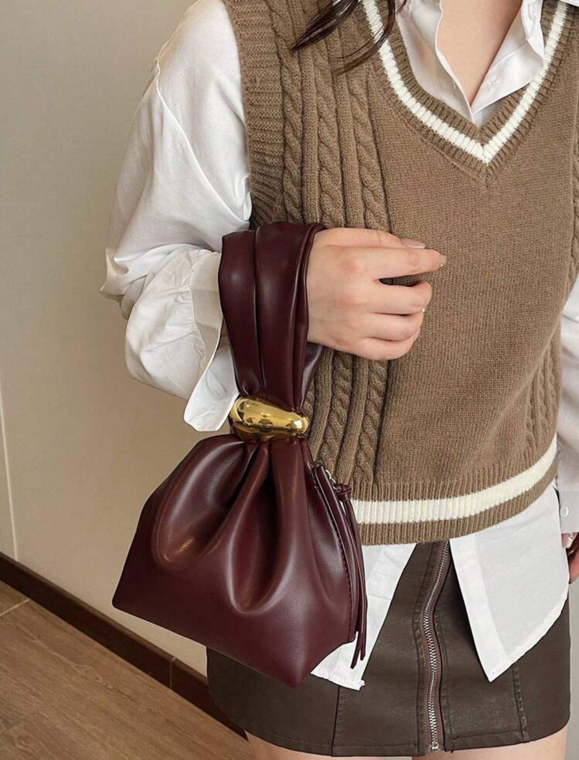 Solid Color PU Leather Handbag, Burgundy Anchor Pattern Decorated