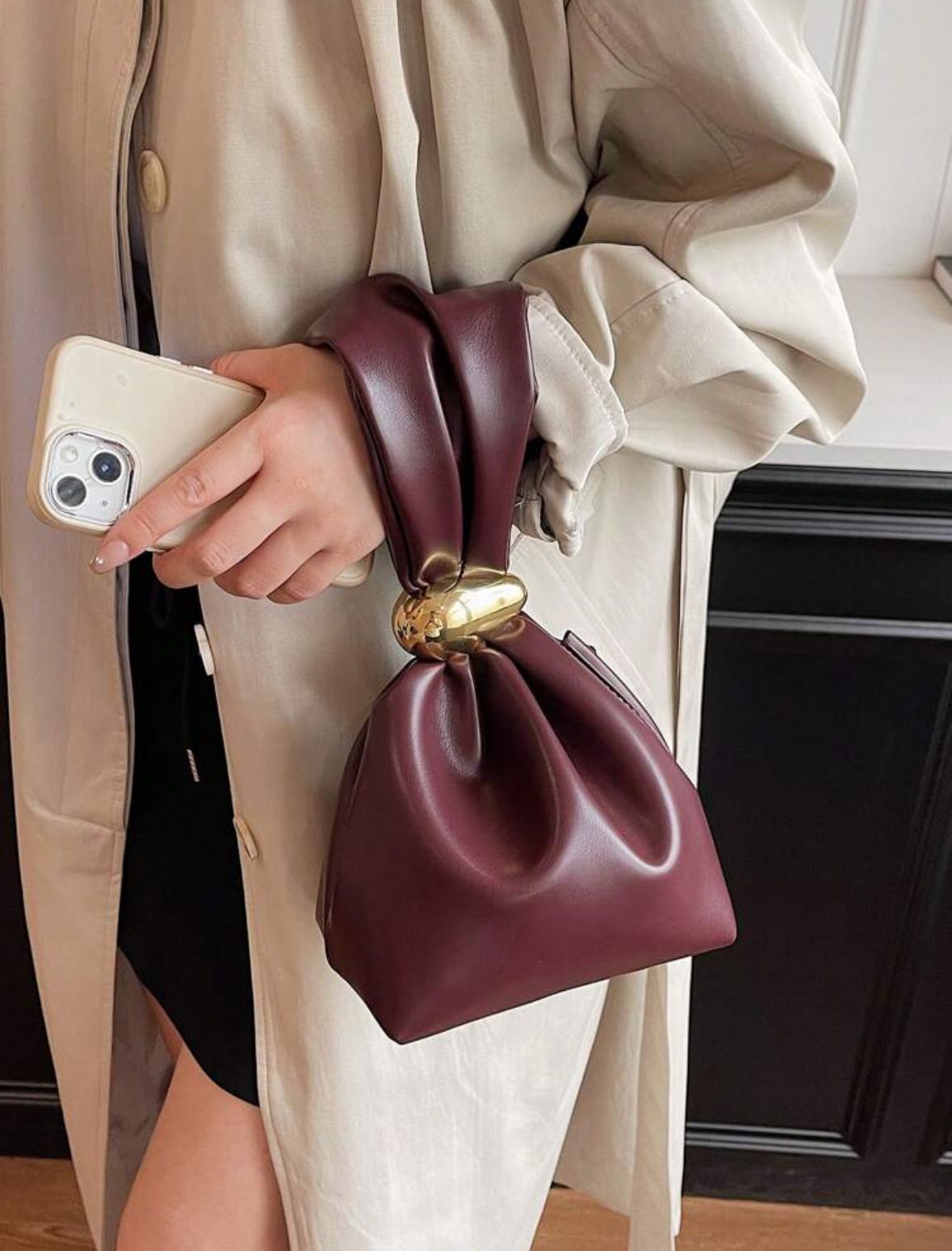 Solid Color PU Leather Handbag, Burgundy Anchor Pattern Decorated