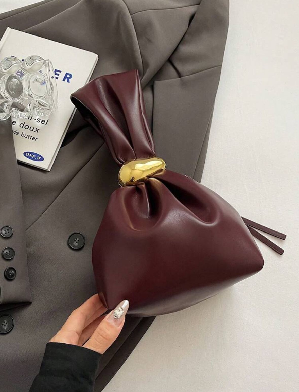 Solid Color PU Leather Handbag, Burgundy Anchor Pattern Decorated