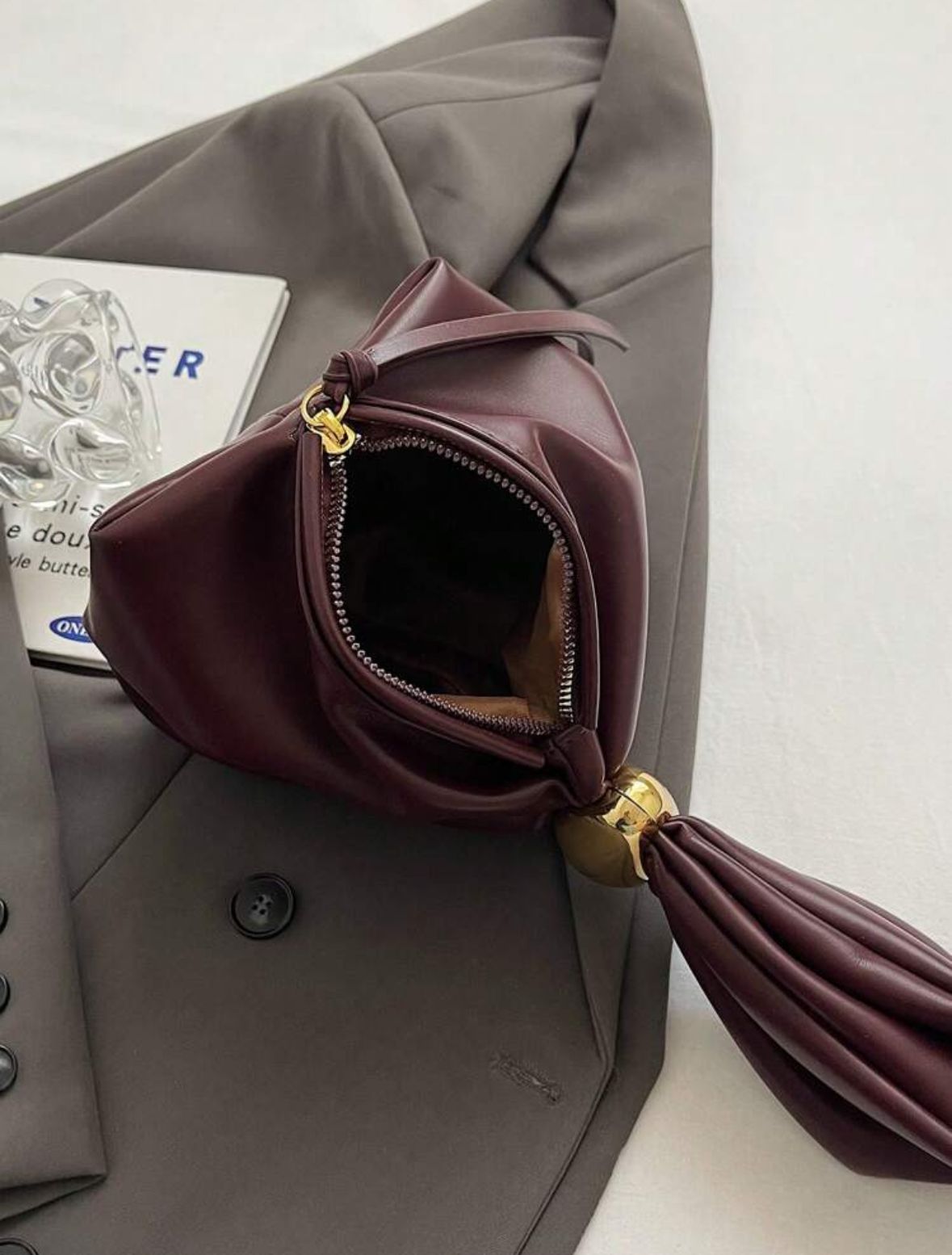 Solid Color PU Leather Handbag, Burgundy Anchor Pattern Decorated