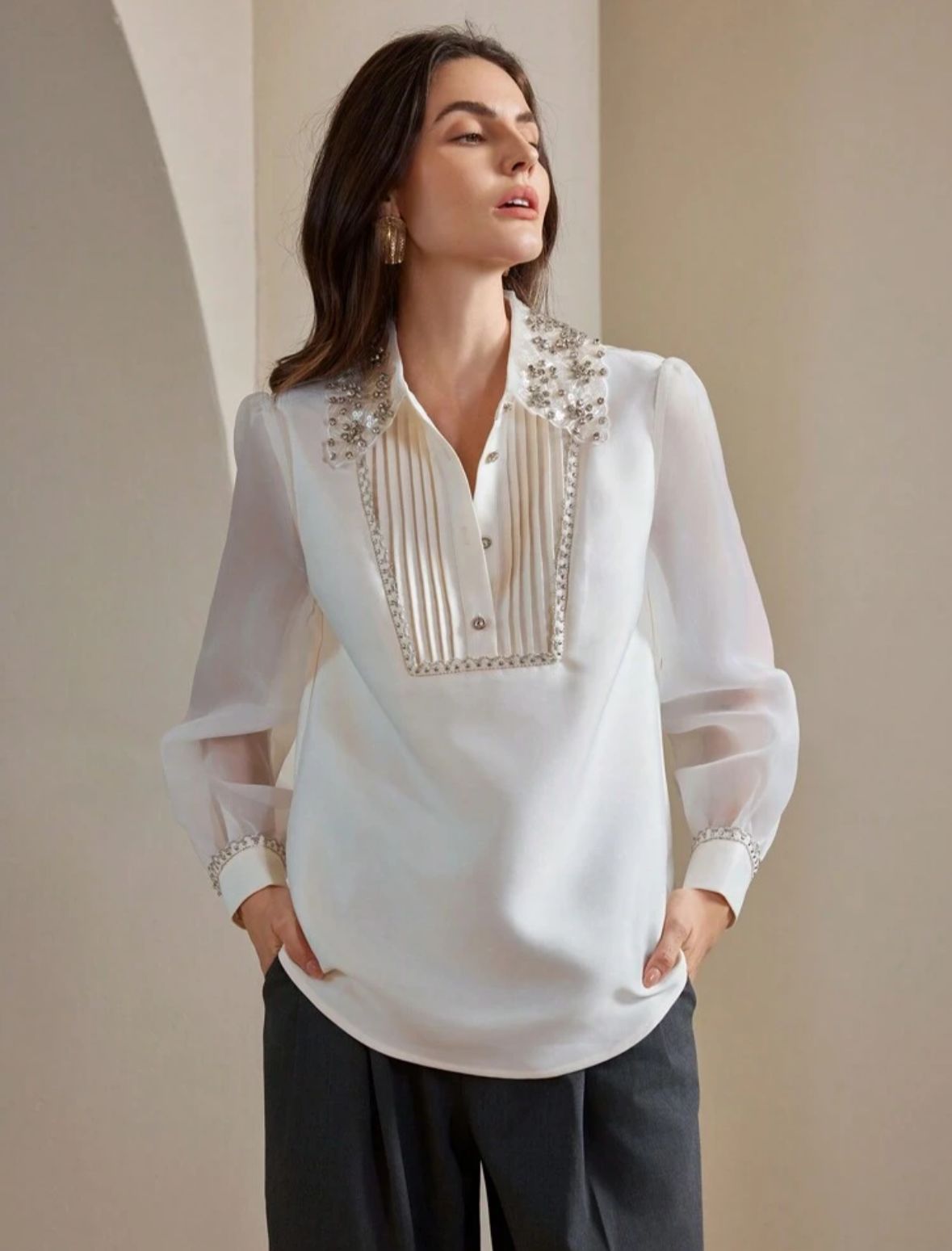 AQ Elegant Diamante Striped Decor Long Sleeve Blouse
