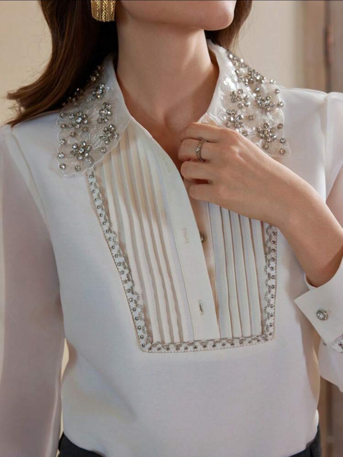 AQ Elegant Diamante Striped Decor Long Sleeve Blouse