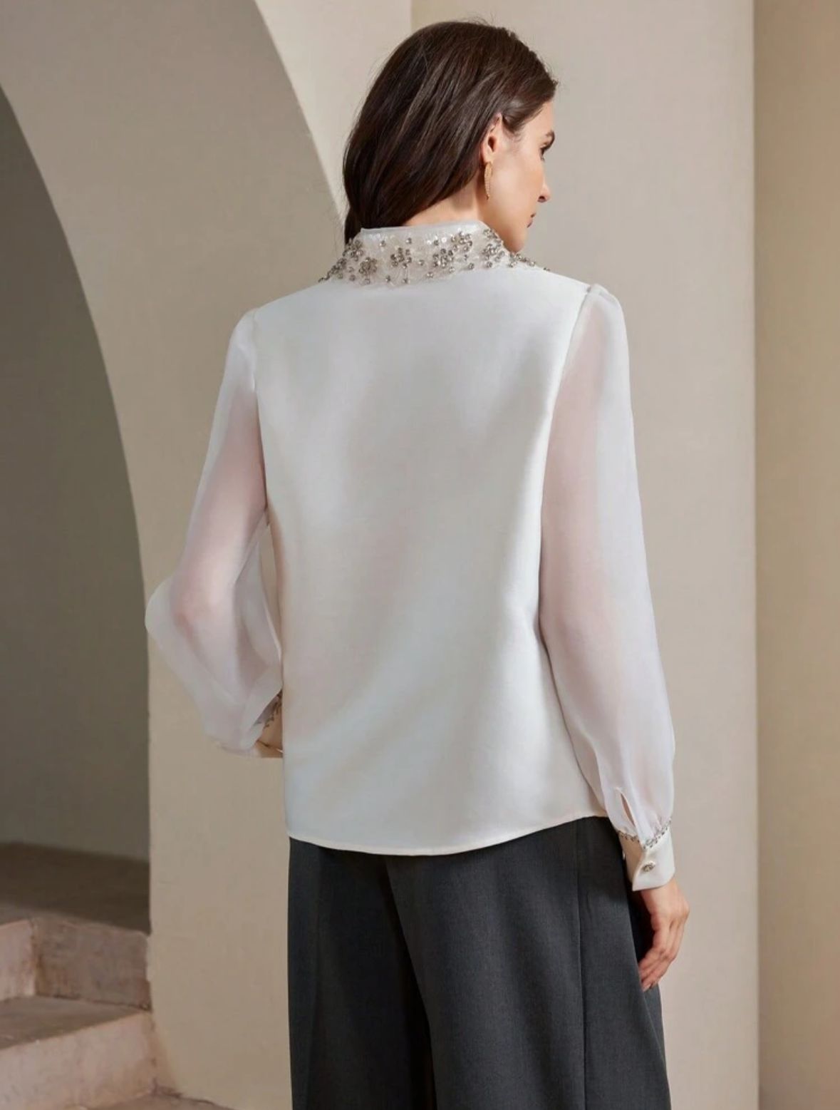 AQ Elegant Diamante Striped Decor Long Sleeve Blouse