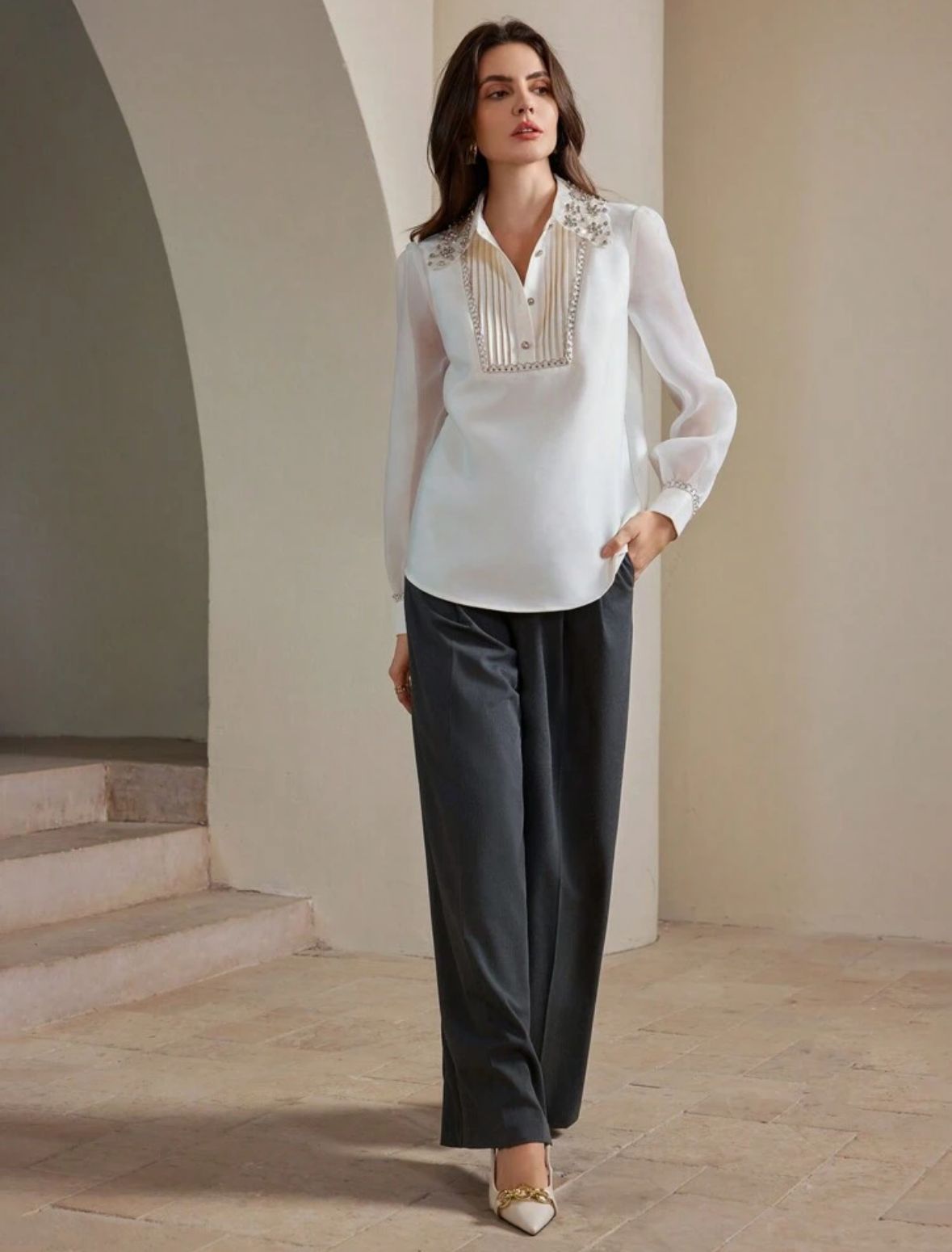 AQ Elegant Diamante Striped Decor Long Sleeve Blouse