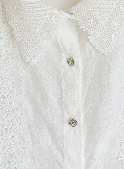 StyleBY AQ Fashionable Contrast Lace Short Bubble Sleeve Shirt – Elegant &amp; Youthful Summer Style
