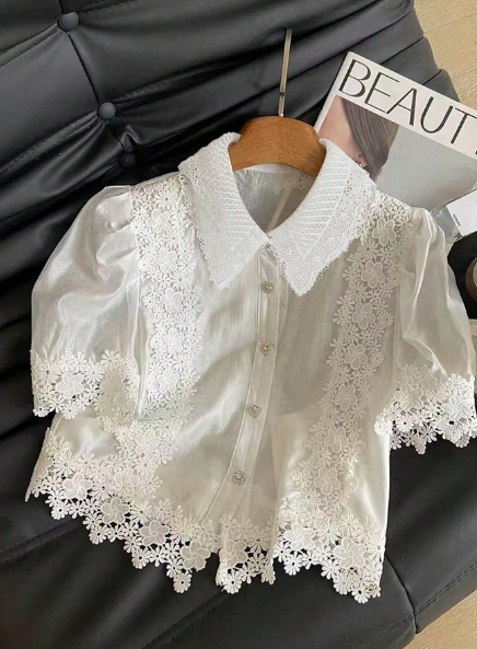 StyleBY AQ Fashionable Contrast Lace Short Bubble Sleeve Shirt – Elegant &amp; Youthful Summer Style