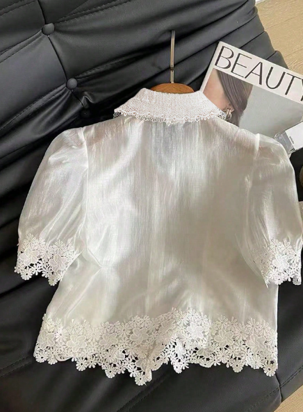 StyleBY AQ Fashionable Contrast Lace Short Bubble Sleeve Shirt – Elegant &amp; Youthful Summer Style