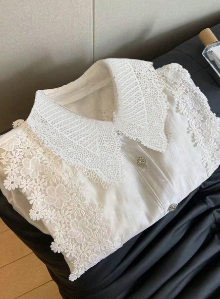 StyleBY AQ Fashionable Contrast Lace Short Bubble Sleeve Shirt – Elegant &amp; Youthful Summer Style