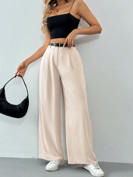 Fashionby AQ , Women’s Pleated High Waist Belted Wide Leg Pants