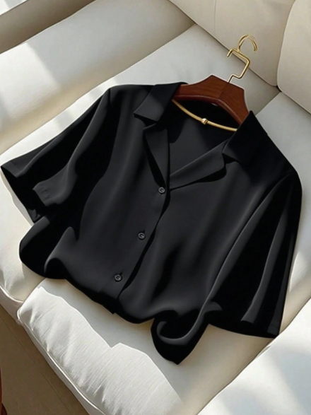 Versatile Solid Color Turndown Collar Short Sleeve Blouse For Women, Casual Summer