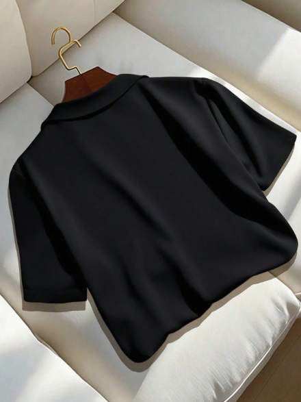 Versatile Solid Color Turndown Collar Short Sleeve Blouse For Women, Casual Summer