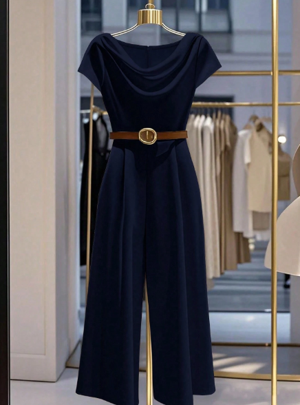 Casual Solid Color Elegant Pleated Short Sleeve Women Jumpsuits