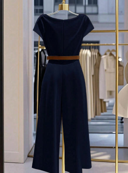 Casual Solid Color Elegant Pleated Short Sleeve Women Jumpsuits