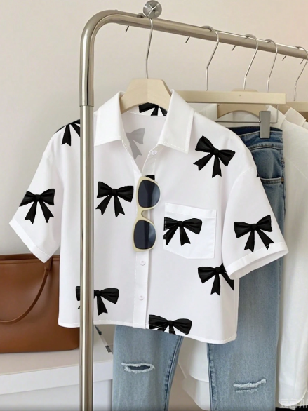 AQ Fashion Women Bowknot Print Short Sleeve Blouse