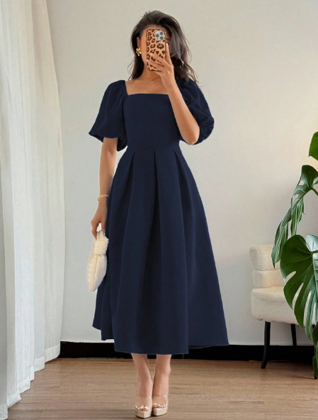 AQ Fashion Women's  Puff Sleeve Solid Color Square Neck Short Sleeve Dress