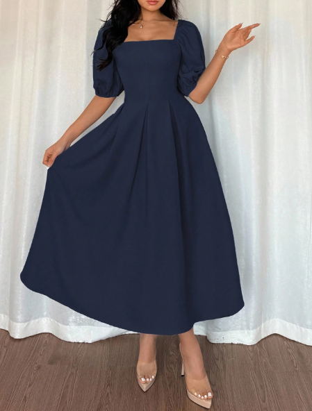 AQ Fashion Women's  Puff Sleeve Solid Color Square Neck Short Sleeve Dress