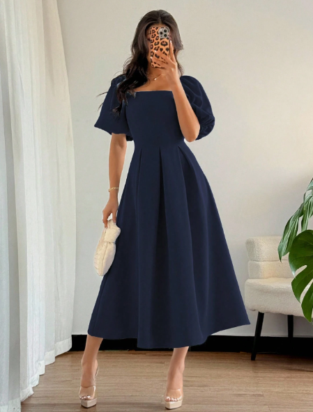 AQ Fashion Women's  Puff Sleeve Solid Color Square Neck Short Sleeve Dress