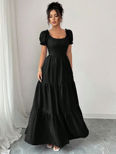 AQ Fashion Women’s Elegant Long Dress with Unique Collar &amp; Multi-Layer Patchwork