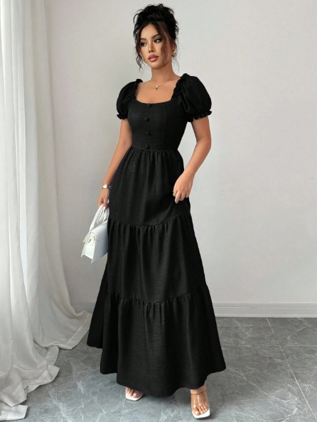 AQ Fashion Women’s Elegant Long Dress with Unique Collar &amp; Multi-Layer Patchwork