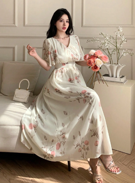 AQ  Fashion V-Neck Short Sleeve Floral All Over Print Casual Dress