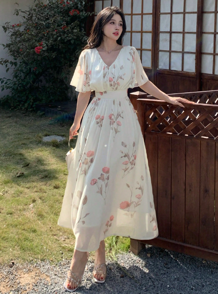 AQ  Fashion V-Neck Short Sleeve Floral All Over Print Casual Dress