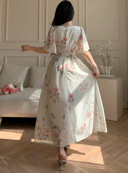 AQ  Fashion V-Neck Short Sleeve Floral All Over Print Casual Dress