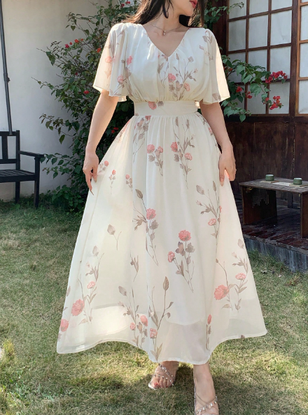 AQ  Fashion V-Neck Short Sleeve Floral All Over Print Casual Dress