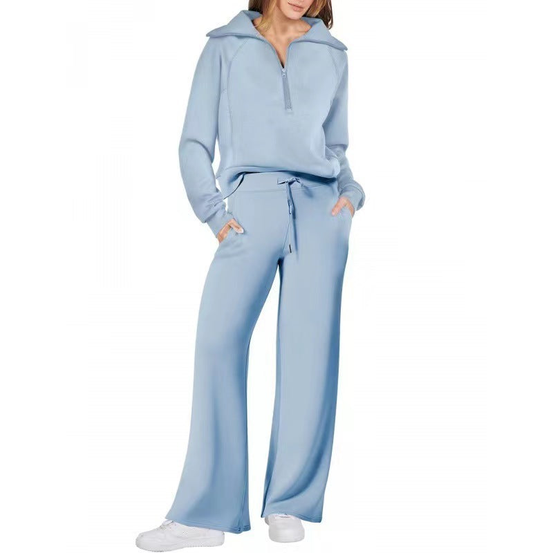 Half Zip Sweatshirt Wide Leg Track Pants Casual Suit Women