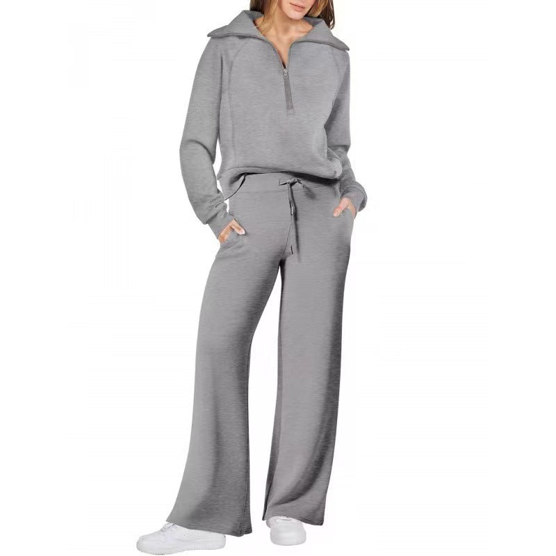 Half Zip Sweatshirt Wide Leg Track Pants Casual Suit Women